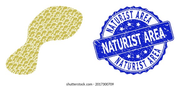 Naturist Area unclean round stamp seal and vector recursive mosaic spot. Blue seal contains Naturist Area tag inside round shape. Vector collage is designed with recursive spot icons.