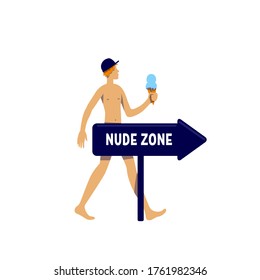 Naturist flat color vector faceless character. Naked man walk to naturist beach. Resort for nudists community. Nude zone isolated cartoon illustration for web graphic design and animation