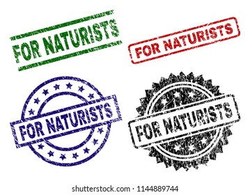 FOR NATURISTS seal imprints with damaged style. Black, green,red,blue vector rubber prints of FOR NATURISTS title with unclean style. Rubber seals with round, rectangle, medallion shapes.