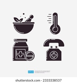 Naturopathic medicine, heat thermometer, medical pill bottle, emergency medical call support. Medical and health glyph set icon. Vector Illustration