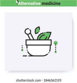 Naturopathic medicine line icon.Mixture of herbs in mortar.Natural, herbal treatment.Healthcare and wellness.Complementary and alternative medicine types.Isolated vector illustration.Editable stroke 