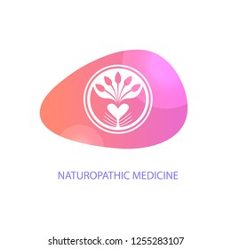 Naturopathic medicine. Silhouette hands in circle. Concept logo, badge, insignia for naturopathy, phytotherapy, holistic, alternative medicine and pharmacy. Vector illustration.