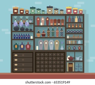 Naturopathic Remedies Store. Ayurveda Apothecary. Alternative Medicine. Flat Style Vector Illustration