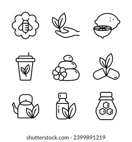 Vektor Line Icons Set für die Naturtherapie. Lineare Piktogramme zur Behandlung von Neuropathie. Natürliche Inhaltsstoffe, Illustrationen zur alternativen Medizin