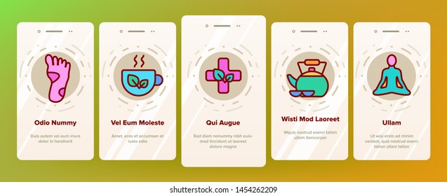 Naturopathy Therapy Vector Onboarding Mobile App Page Screen. Naturopathy, Homeopathic Medication Linear Pictograms. Natural Ingredients, Feet Massage, Yoga, Acupuncture Illustrations