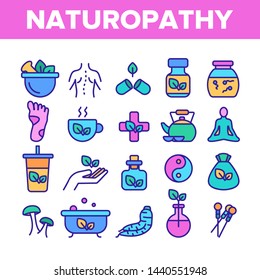 Naturopathy Therapie Vektordünner Linie Symbole Set. Naturopathie, homöopathische Arzneimittel Lineare Piktogramme. Natürliche Inhaltsstoffe, Fütterungsmassage, Yoga, Akupunktur, Illustrationen zur alternativen Medizin
