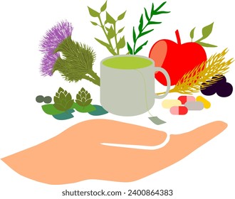 Naturopathy - Vector open hand with healthy fruit and vegetables - Green tea - liver detoxifier