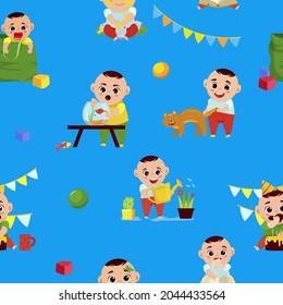 Naughty baby boy seamless pattern, cartoon character vector illustration for packing wrapping design, wallpaper. Child in different activities. Little kid behave bad at children playroom, kindergarten