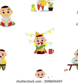 Naughty baby boy seamless pattern, cartoon character vector illustration for packing wrapping design, wallpaper. Child in different activities. Little kid behave bad at children playroom, kindergarten