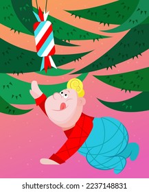 A naughty baby child getting sweets from the Christmas tree