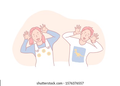 Naughty behaviour, fooling around, childhood fun concept. Little children making faces, silly girl and boy having fun, kids with goofy grimaces, friends sticking tongues out. Simple flat vector