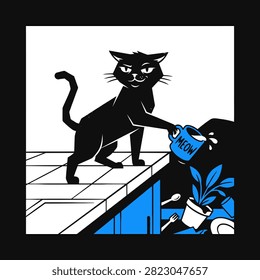 A naughty black cat knocks a blue mug off the counter