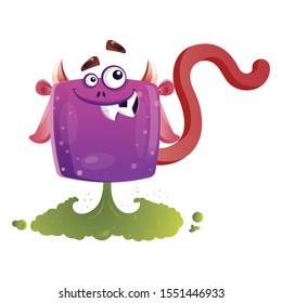 Naughty Boxy Purple Monster/creature Farting And Smiling. Vector Illustration Isolated On White Background 