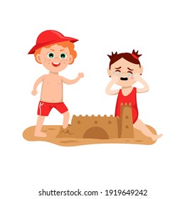 Naughty boy behavior. Angry teenager ruins the sand castle. Usual situation in childhood. Typical problem. Young bully hurting a girl. Child aggression. Vector illustration in a flat cartoon style