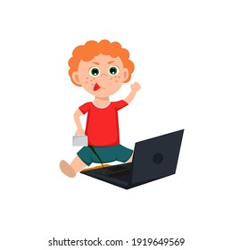 Naughty Boy Behavior. Clumsy Child Spilling The Tea On A Computer. Usual Situation In Childhood. Typical Problem. Dangerous Play With A Technique. Editable Vector Illustration In A Flat Cartoon Style.