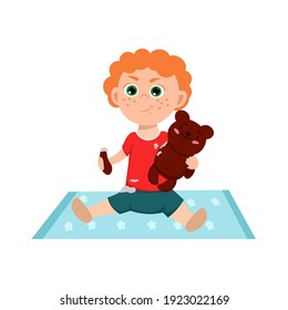 Naughty boy behavior. The kid is breaking a toy. Usual situation in childhood. Typical problem. Angry kid destroys a stuffed bear. Editable vector illustration in a flat cartoon style.