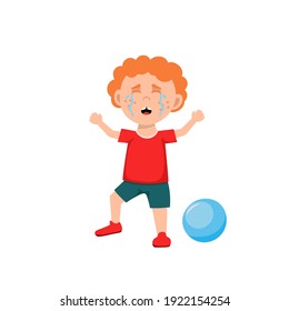 Naughty boy behavior. The kid throws a fit. Usual situation in childhood. Typical problem. Unhappy child gets into a tantrum. Editable vector illustration in a  flat cartoon style.