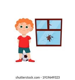 Naughty boy behavior. Sad teenager near the broken window. Usual situation in childhood. Typical problem. Dangerous play with a ball. Editable vector illustration in a  flat cartoon style.