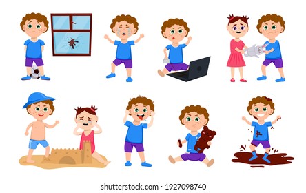 Naughty boy behavior set. Dirty teenager jumping in a puddle, teasing, crying. Usual situation in childhood. Typical problem. Happy child making a mess. Vector illustration in a  flat cartoon style.
