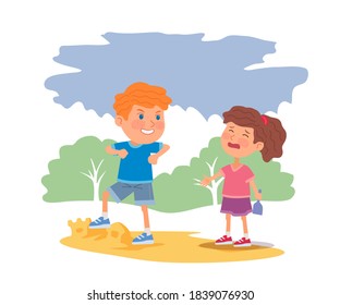 Naughty boy breaks sand castle and little girl crying. Brother teases sister. Good or bad kid behavior scene. Vector character illustration of children conflicts, negative emotions, childhood