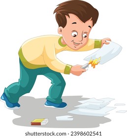 Naughty boy burning a paper with a candle vector illustration