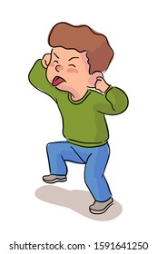 Naughty boy character showing tongue and wiggling ears teases. Kid making face grimace. Funny bully male child standing isolated on white. Taunting facial expression. Vector flat illustration