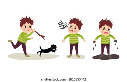 Naughty Boy Chasing Cat, Standing in Mud and Abusing Vector Illustration Set