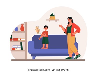 Naughty boy concept. Mother scold kid standing at sofa. Mess and chaos indoors. Child drawn bear at wall. Furious parent with son. Cartoon flat vector illustration isolated on white background