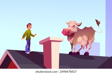 Naughty boy and cow on house roof. Vector cartoon illustration of curious teenager standing on top of building with cute animal, dangerous adventure on cattle ranch, comic scene from funny dream