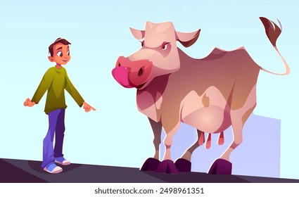 Chico travieso y vaca en el techo de la casa. Vector ilustración de dibujos animados de curioso adolescente de pie en la parte superior del edificio con lindo animal, peligrosa aventura en el rancho de ganado, escena cómica de sueño divertido