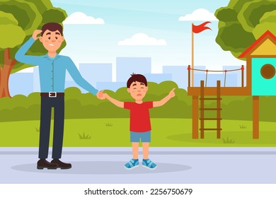 Naughty boy demanding to play on playground from his dad while they walking in park. Parenting problems cartoon vector