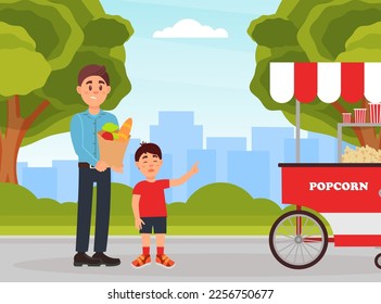 Naughty boy demanding popcorn from his dad while they walking in park. Parenting problems cartoon vector