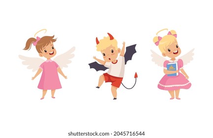 Naughty Boy mit Devil Horn und ungehorsames Little Girl in Neat Dress mit Angel Wings Vector Set