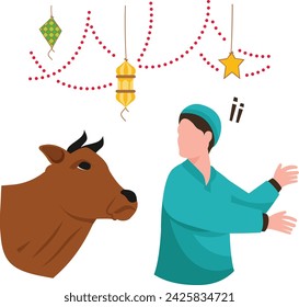 naughty boy engage in running while cow is chasing him concept, man runs away from an angry bull vector design, Eid al-Azha Eid ul Kabir Symbol Hajj Sign, Muslims religious Festival Stock illustration