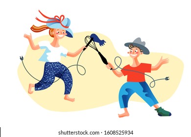 Naughty boy and girl playing with wire whisk and hair dryer. Active mischievous children. Cute cheerful kids in hats having fun. Rowdy smiling characters at home. Childish pranks. Vector illustration