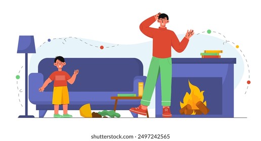 Muchacho travieso en casa. Hombre sorprendido se para en el apartamento y mira el desorden. Pronto crear el caos en la habitación. Muebles rotos y suelo sucio. Ilustración vectorial plana aislada sobre fondo blanco