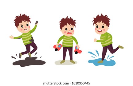 Naughty Boy Jumping in Puddle and Breaking Toy Car Vector Illustration Set