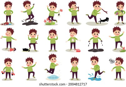 Naughty Boy Jumping in Puddle and Breaking Toy Car Vector Illustration Set