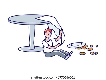 Naughty boy making mess with table, breakfast and tablecloth. Bad manners and behavior of kid concept. Spoiled children mischievous and upbringing. Linear vector illustration