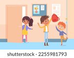 Naughty boy mocking small child in classroom vector illustration. Cartoon schoolboy teasing and bullying toddler with cute sad face, holding school bag of classmate with disrespect and angry joke