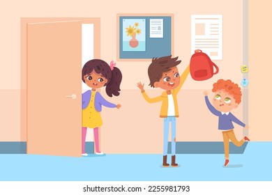 Naughty boy mocking small child in classroom vector illustration. Cartoon schoolboy teasing and bullying toddler with cute sad face, holding school bag of classmate with disrespect and angry joke