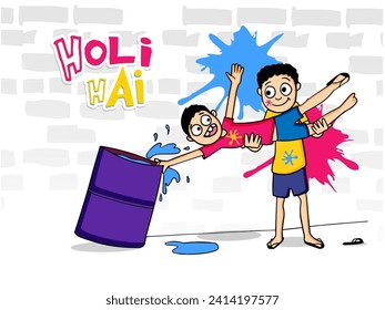 Naughty Boy Picking Up His Friend To Put Him in Barrel Full of Liquid Color against White Brick Wall with Sticker Style Message Holi Hai (It's Holi) Text.