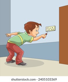 Naughty boy putting screw driver in the electric switch vector illustration