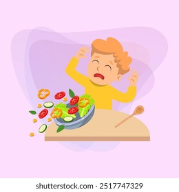 Niño travieso que rechaza la comida saludable. Ilustración vectorial de dibujos animados. Niño sentado en la mesa y rechazando comer verduras. Comida, salud, dieta, concepto de capricho para el Anuncio y el Diseño web