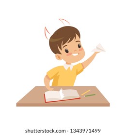 Naughty Boy Ripping Pages of Book and Doing Paper Planes, Bad Child Behavior Vector Illustration