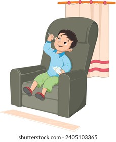 Naughty boy sitting on the sofa and putting pencil in his ears vector illustration