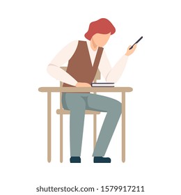 Naughty Boy Sitting At School Desk Holiding Smartphone During Lesson Vector Illustration