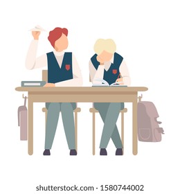 Naughty Boy Sitting At School Desk and Throwing Paper Plane Vector Illustration