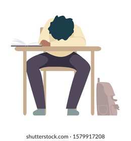 Naughty Boy Sleeping At School Resting His Head on Desk During Lesson Vector Illustration