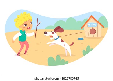 Un niño travieso se burla de un perro con un palo, gritando a un animal. Una mascota enojada ladra al matón, una cabina de guardia en el patio. Escena de mal comportamiento infantil. Ilustración vectorial de conflictos, emociones negativas